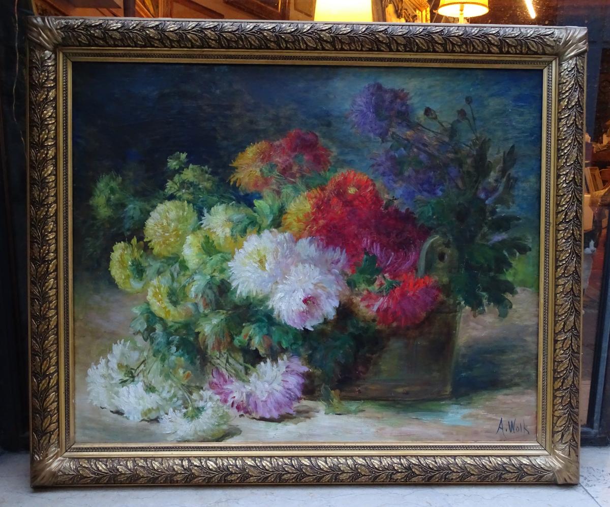 Huile Sur Toile Dahlias De A. Wolf Fin 19ème