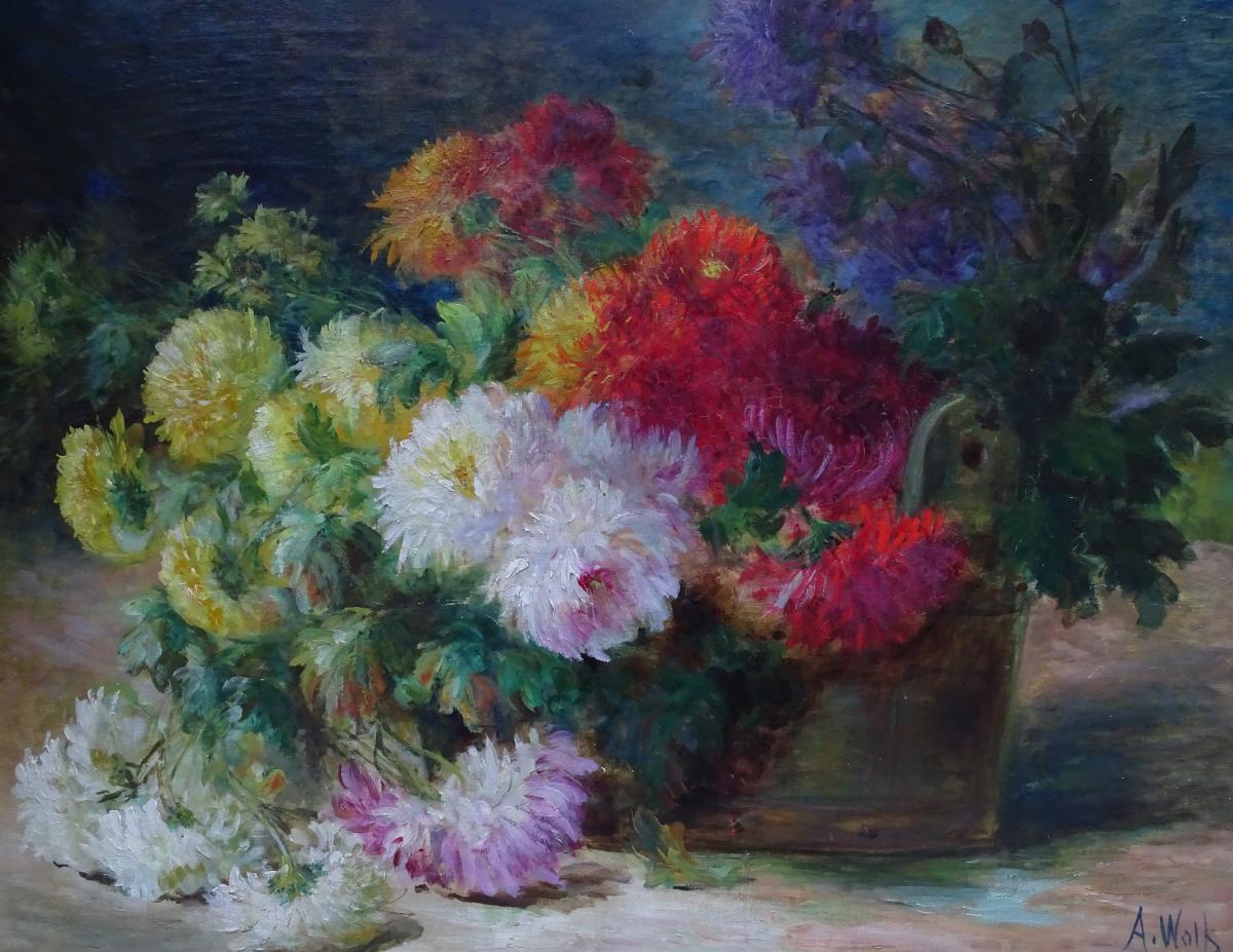 Huile Sur Toile Dahlias De A. Wolf Fin 19ème-photo-2