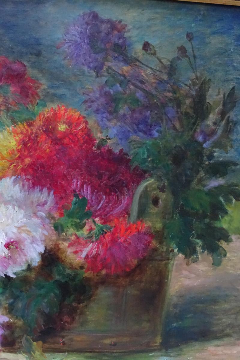 Huile Sur Toile Dahlias De A. Wolf Fin 19ème-photo-1