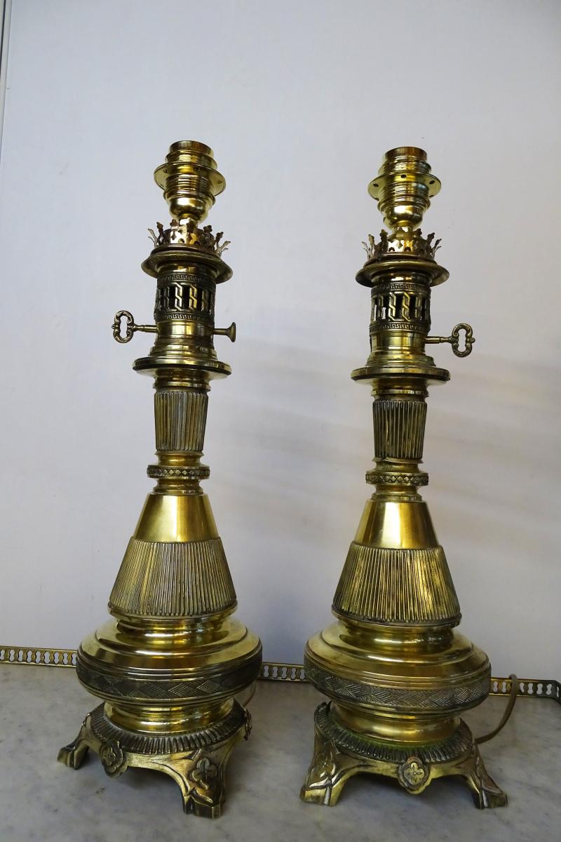 Pair Of Lamps In Brass 19th