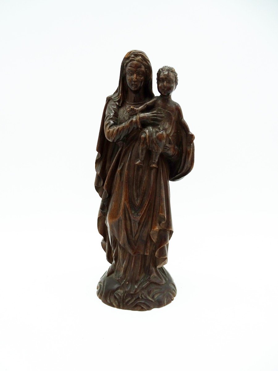 Petite Statue De Vierge à l' Enfant En Noyer Fin 19ème-photo-4