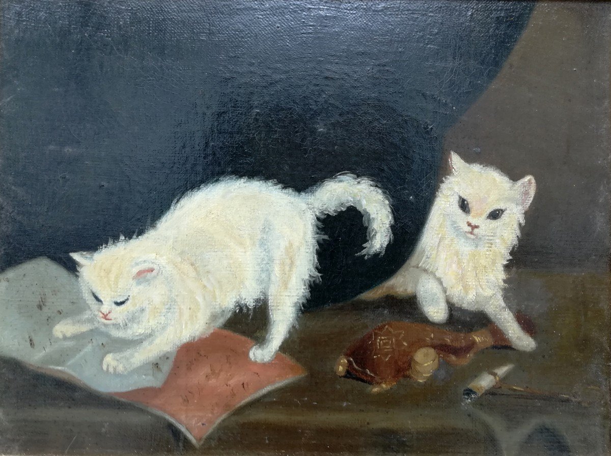 Playing Cats Painting French School 1900-photo-2