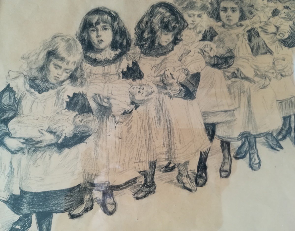 Lithograph Little Girls With Their Doll 1900-photo-4