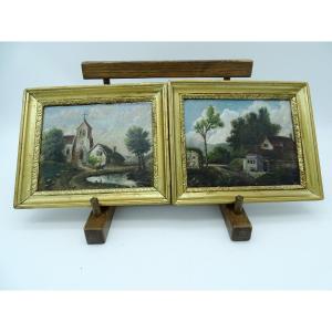 Pair Of Small Paintings Oil On Panel Late 19th