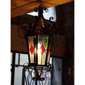 Wrought Iron Lantern And Colored Stained Glass Windows 1940