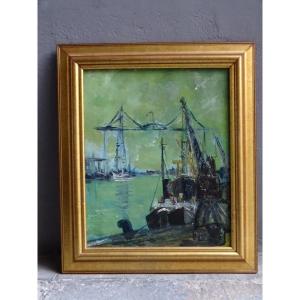 Oil On Canvas Transporter Bridge In France 20th