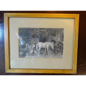 Copper Engraving 2 Horses In The Stable 19th