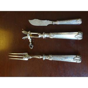 Carving Fork, Leg Handle And Butter Knife In Silver Late 19th 