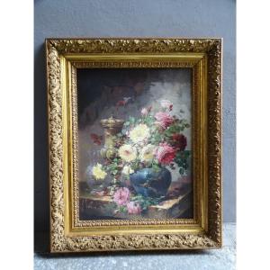 G. Vallon Oil On Canvas Bouquet Of Peonies And Roses 19th 