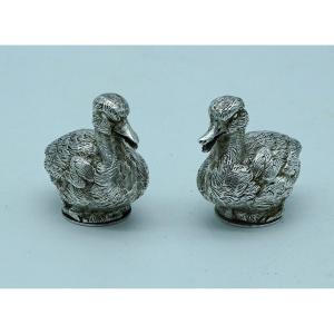 2 Silver Duck Salt Shakers 19th