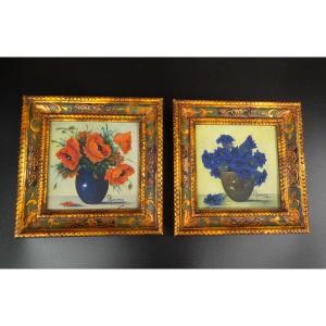 Charmy 2 Small Paintings Of Flowers 50s