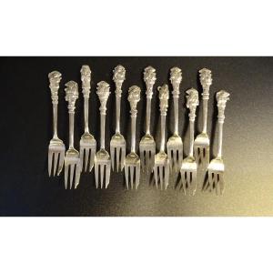 12 Indochina Silver Dessert Forks 20th Century