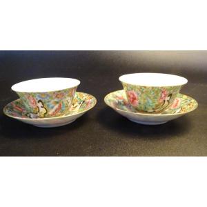 2 Bols à Saké Avec Leur Soucoupe En Porcelaine De Canton 1900