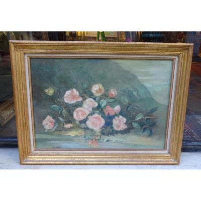 Jeté De Roses Huile Sur Toile Fin 19ème