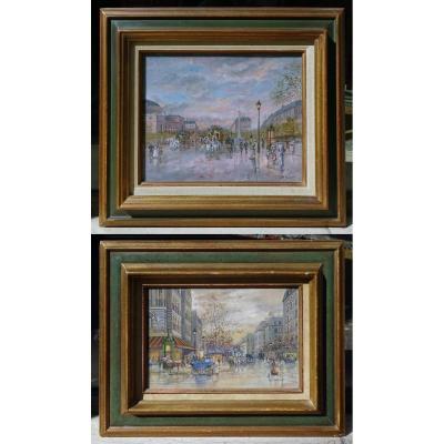 Pair Of Gouaches Views Of Paris By Léon Godinnet 20th