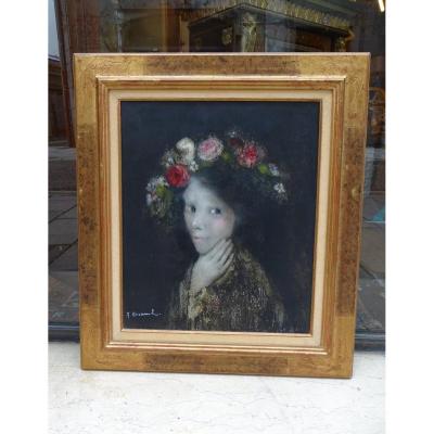 "Flore" Portrait d'une jeune fille avec une couronne de fleurs 20th