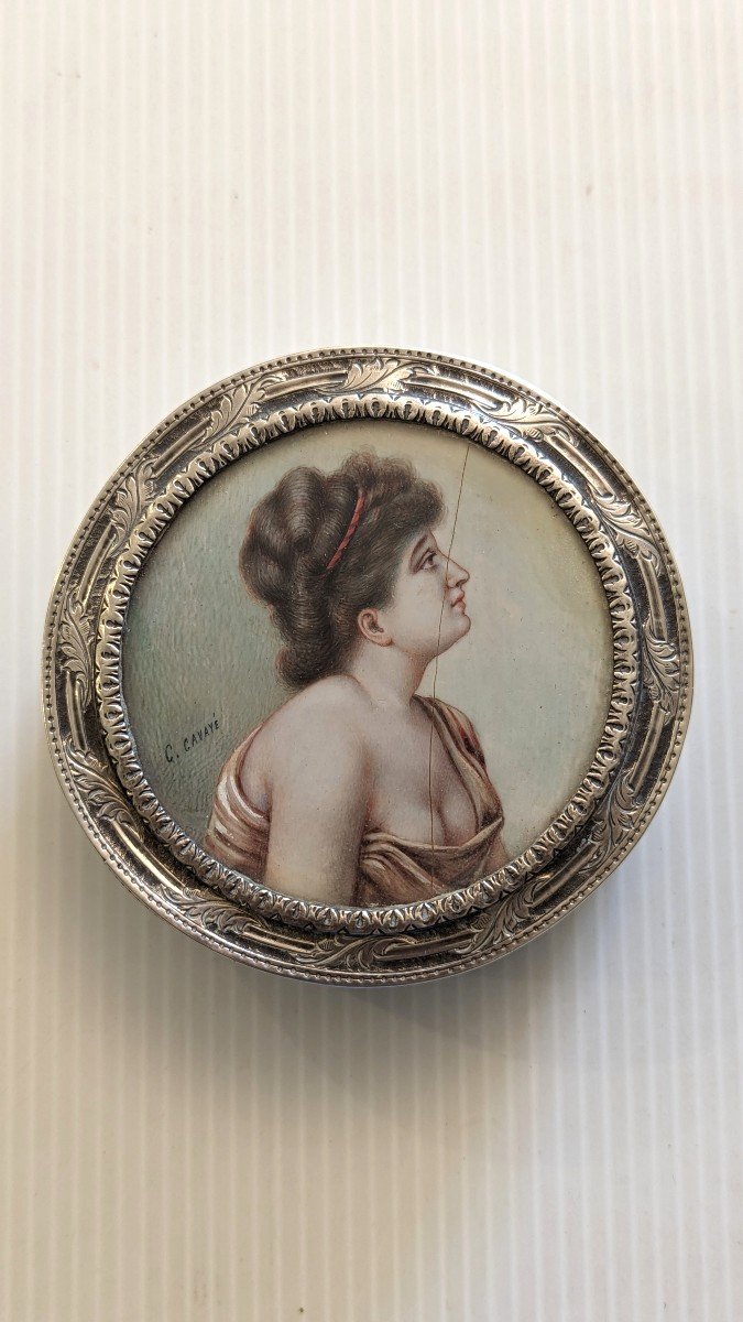 19th Century Box, In Solid Silver With Miniature Signed Cavayé-portrait Woman