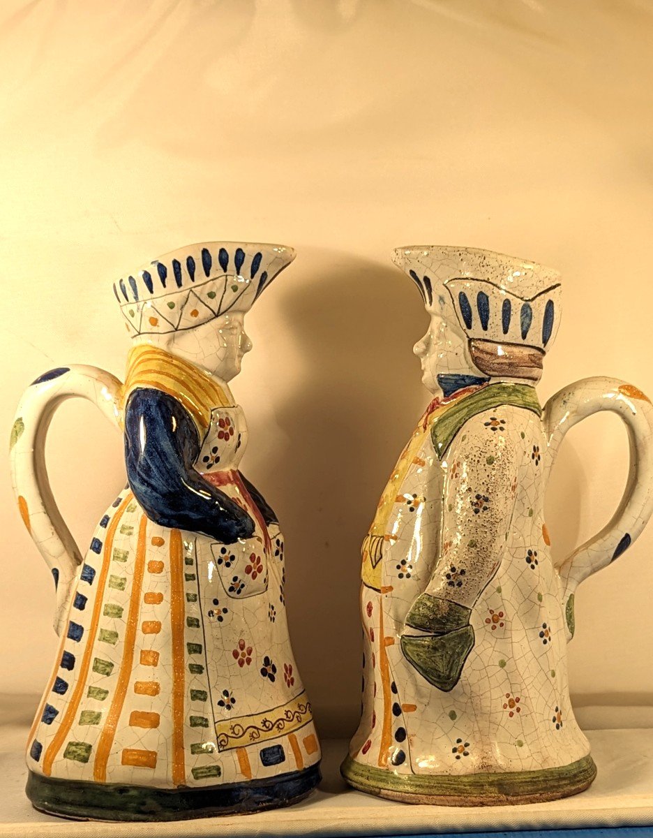 Pair Of "jacquot" Pitchers, 19th, In Painted Earthenware-photo-4