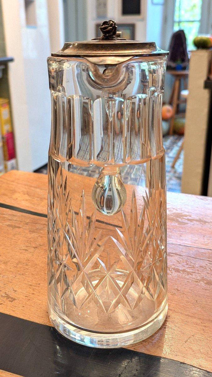 Large Carafe, In Cut Crystal With Its Solid Silver Lid - France-photo-2