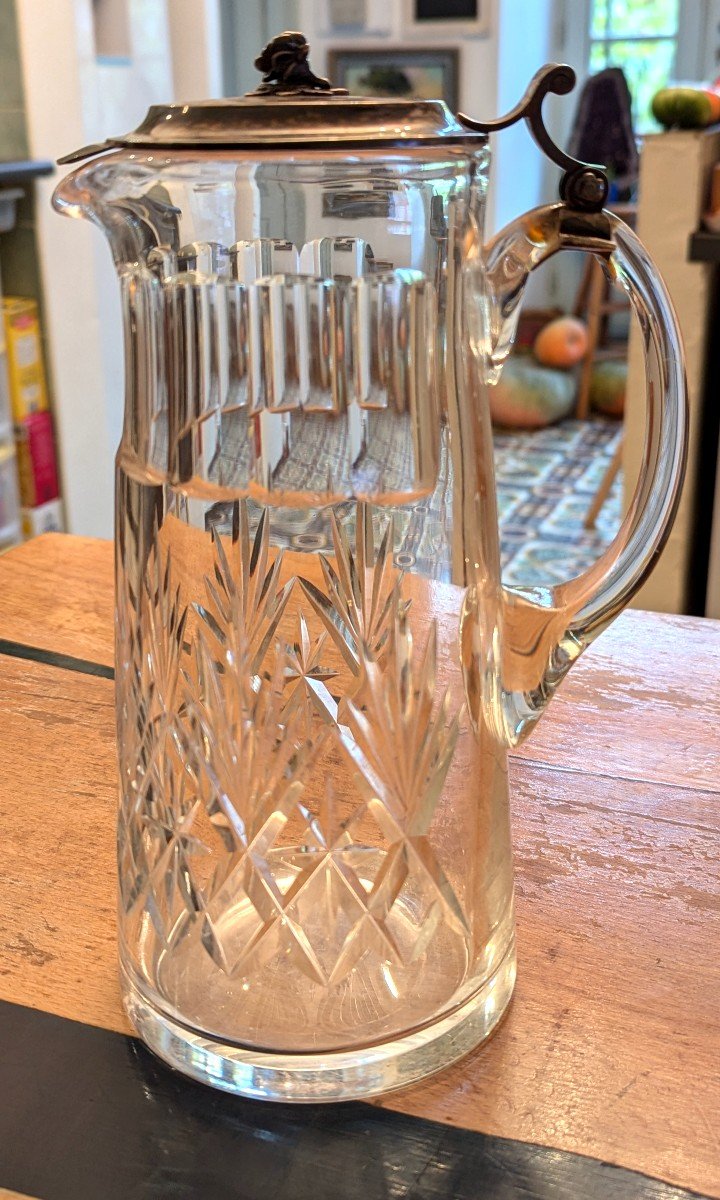 Large Carafe, In Cut Crystal With Its Solid Silver Lid - France