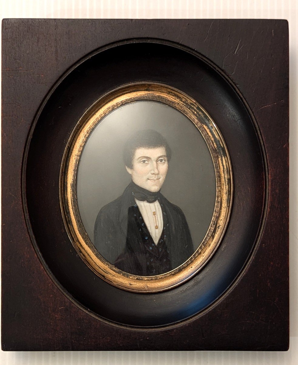 19th Century Miniature, On Ivory - Portrait Of A Young Man