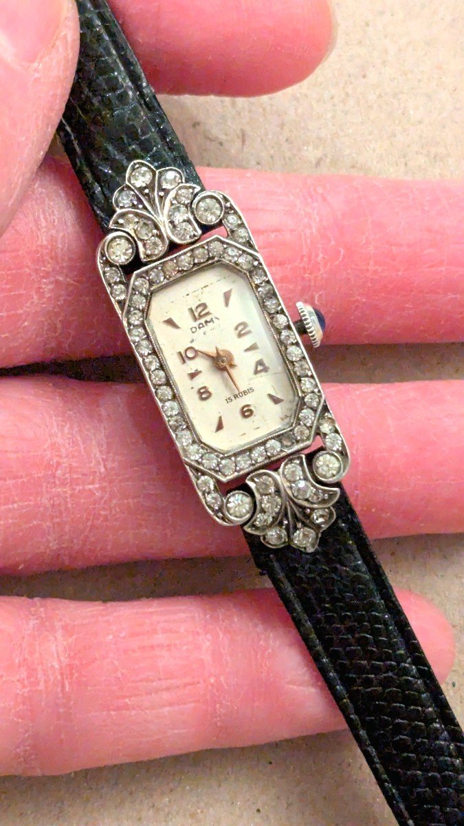 Montre de femme, Art Déco, en argent massif avec strass-Bijou-photo-1