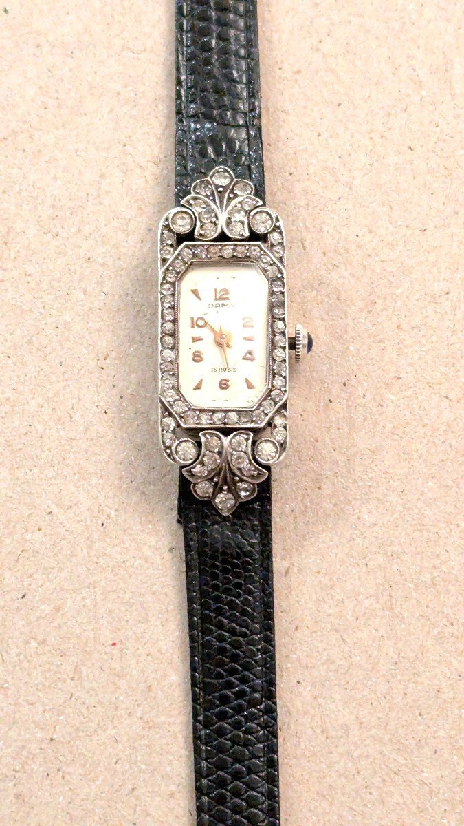 Montre de femme, Art Déco, en argent massif avec strass-Bijou