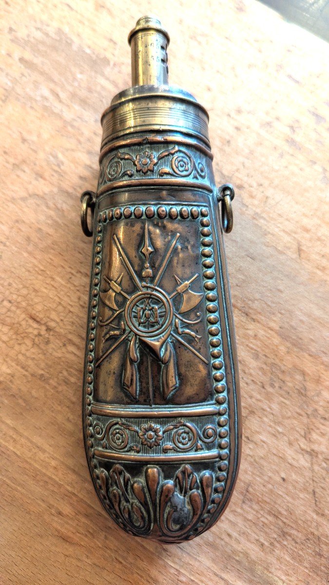 19th Century Powder Flask, In Embossed Copper With Dispenser