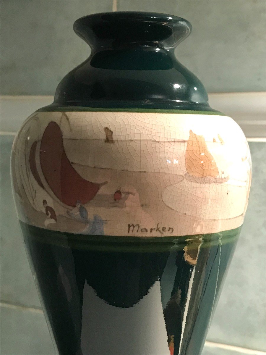 Large Art Deco Baluster Vase, In Ceramic - Painted Decor Signed Marken Mk9-photo-3