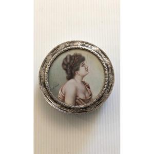 19th Century Box, In Solid Silver With Miniature Signed Cavayé-portrait Woman