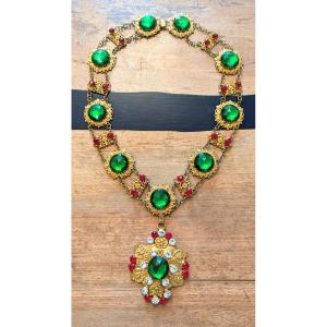 Imposing Theater Or Virgin Necklace - Rhinestones And Cabochons