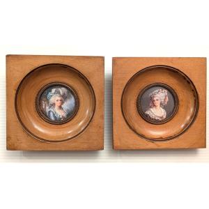 Paire de miniatures, signées-Marie-Antoinette-Portrait-Reine