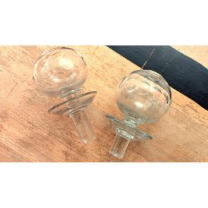 2 Globes en verre taillé pour lampe à huile de dentellière 