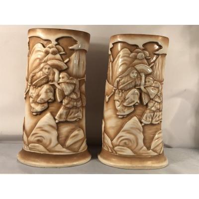 Pair Of Japanese Porcelain Vases From Rudolstadt-imitation Carved Elephant Defense