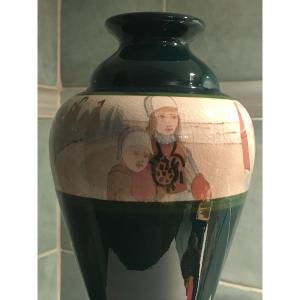 Large Art Deco Baluster Vase, In Ceramic - Painted Decor Signed Marken Mk9