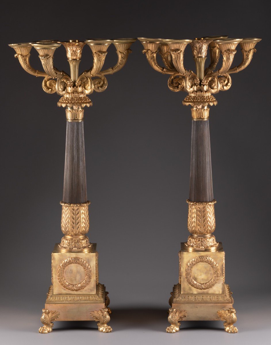 Pair Of Candelabra In Patinated And Gilded Bronze Empire Period-photo-2