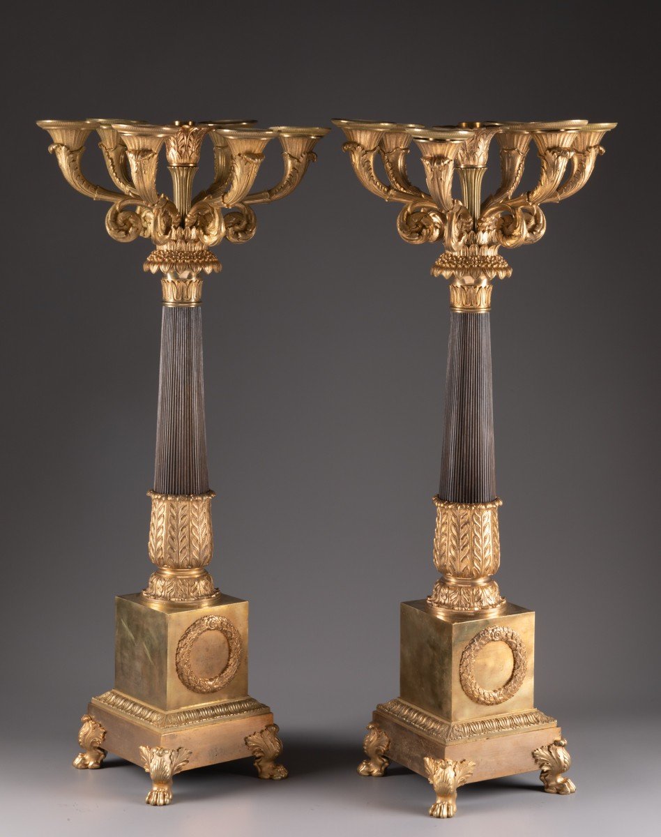 Pair Of Candelabra In Patinated And Gilded Bronze Empire Period-photo-6