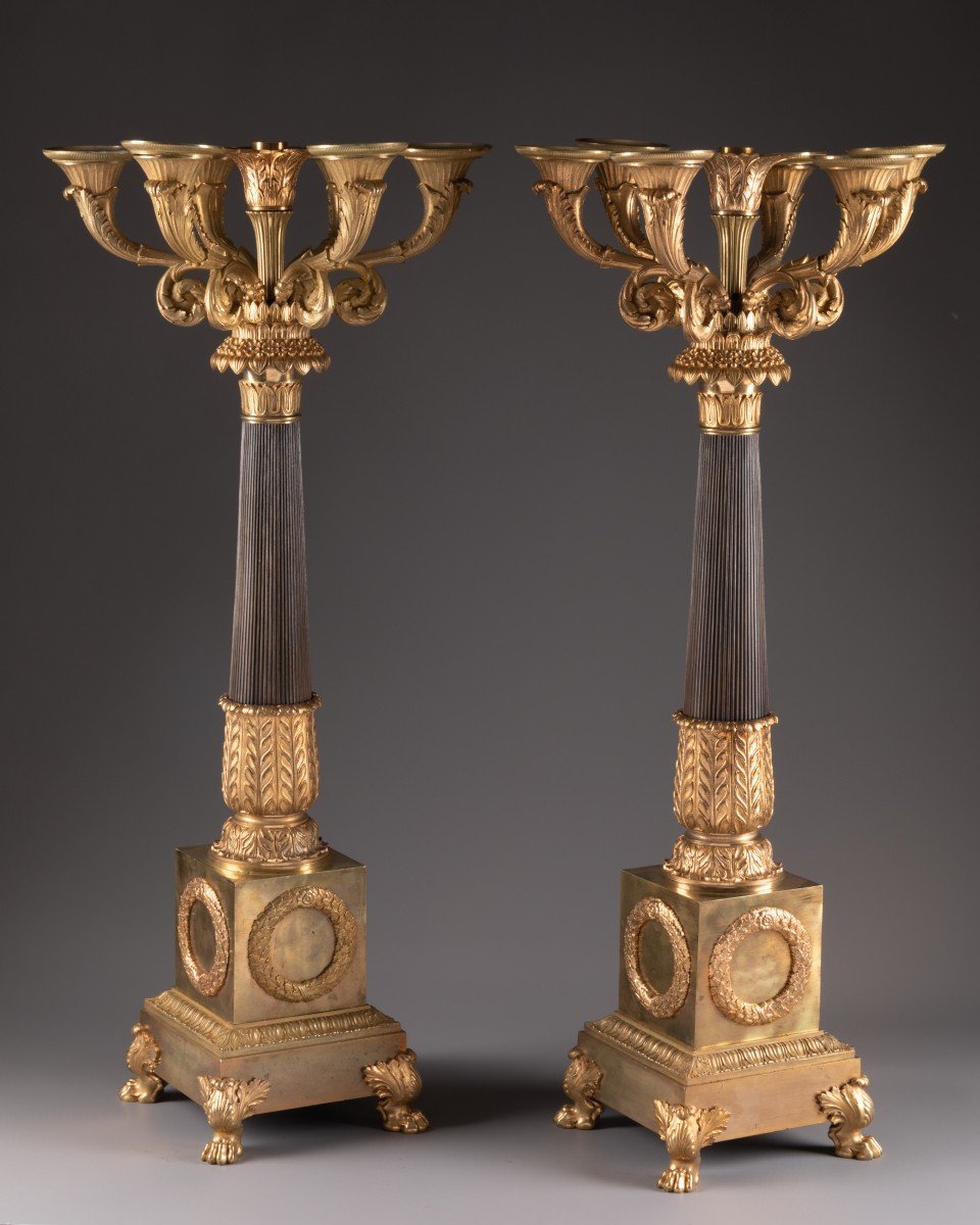 Pair Of Candelabra In Patinated And Gilded Bronze Empire Period