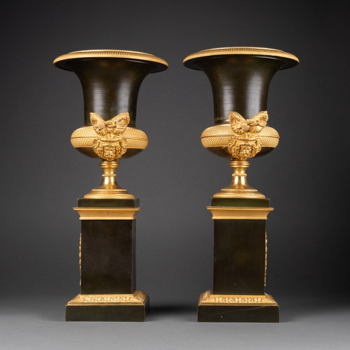 Pair Of Medici Vases In Patinated And Gilded Bronze Empire Period-photo-3