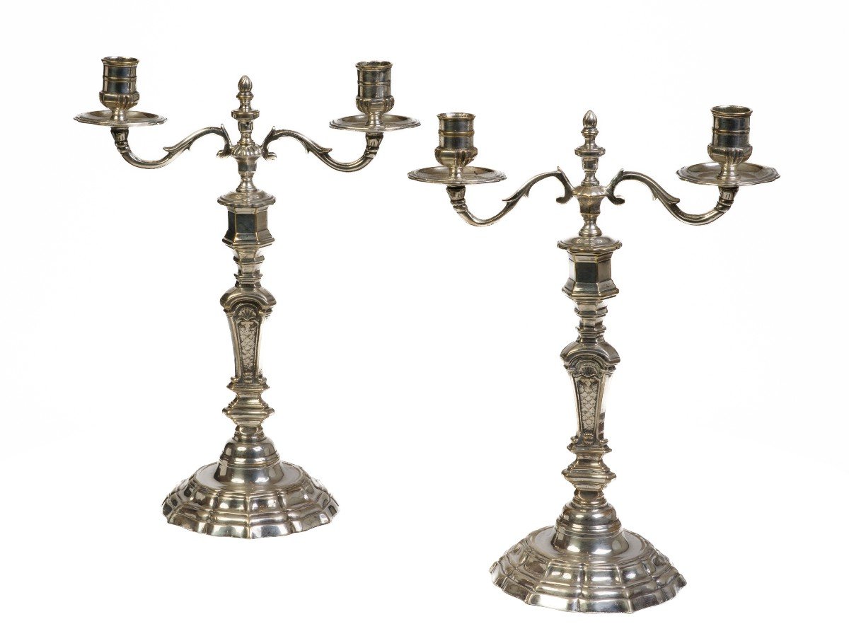 Paire De Candélabres En Bronze Argenté   Epoque Louis XV