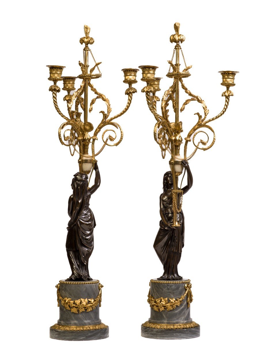 Pair Of Candelabra In Patinated And Gilded Bronze Louis XVI Period-photo-2