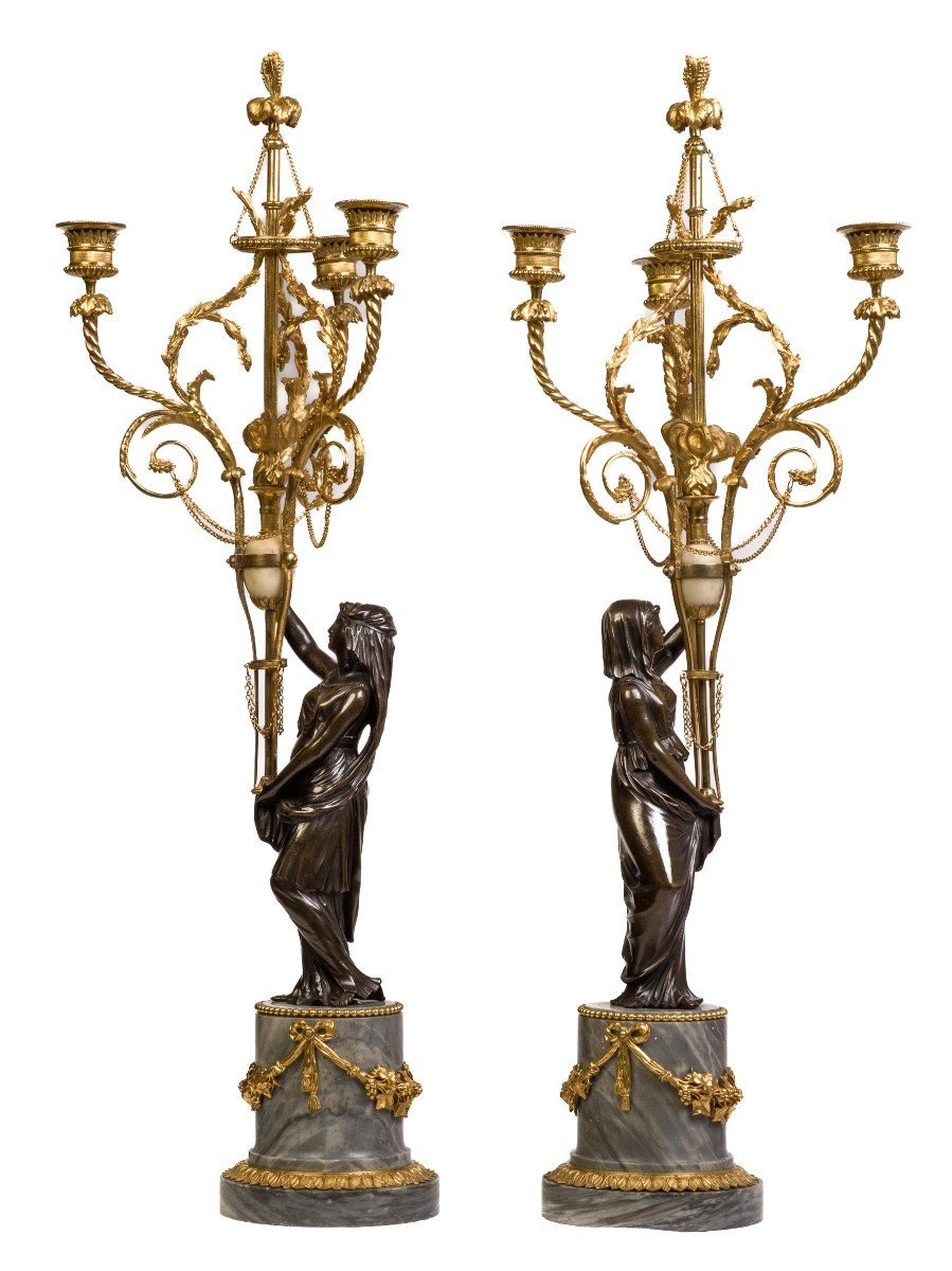 Paire De Candélabres En Bronze Patiné Et Doré   Epoque Louis XVI-photo-3