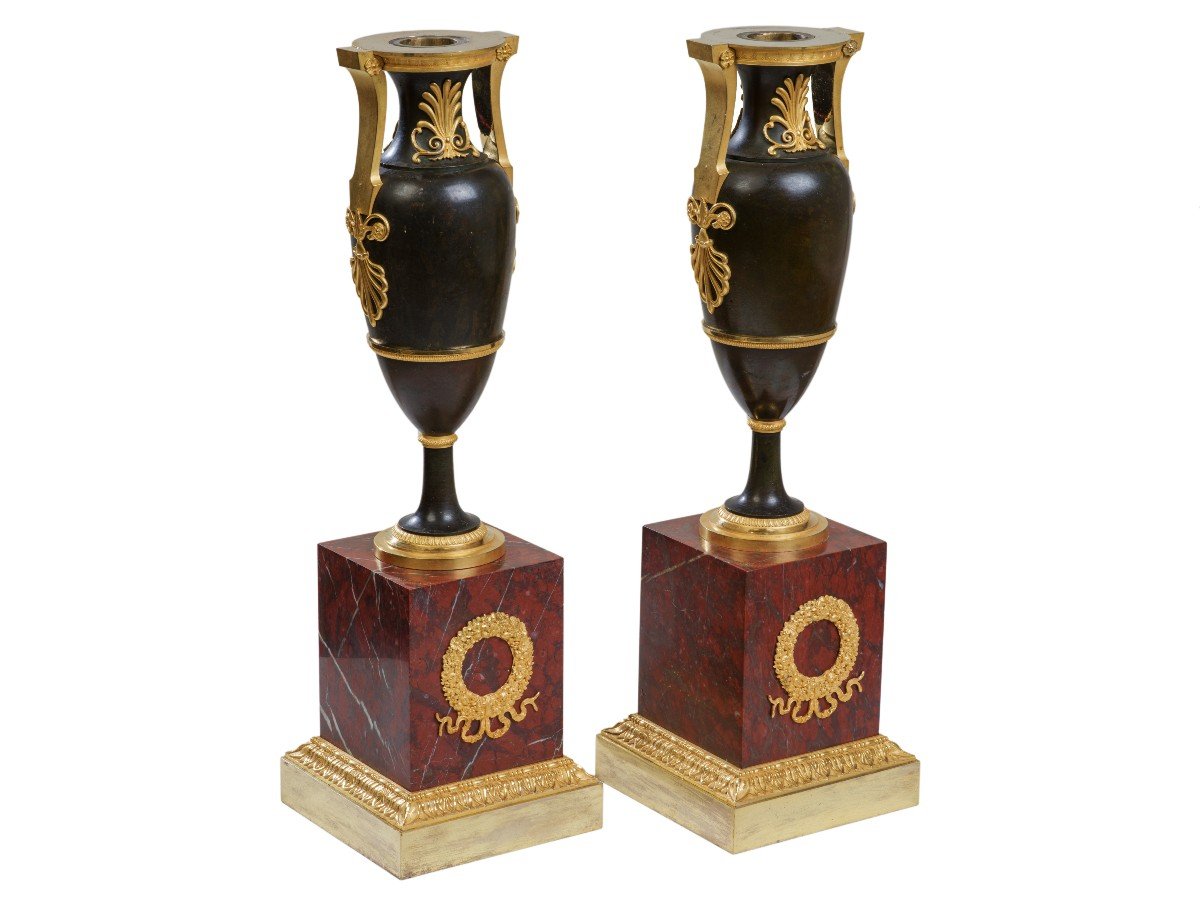 Pair Of Candelabra In Patinated And Gilded Bronze, Empire Period-photo-3