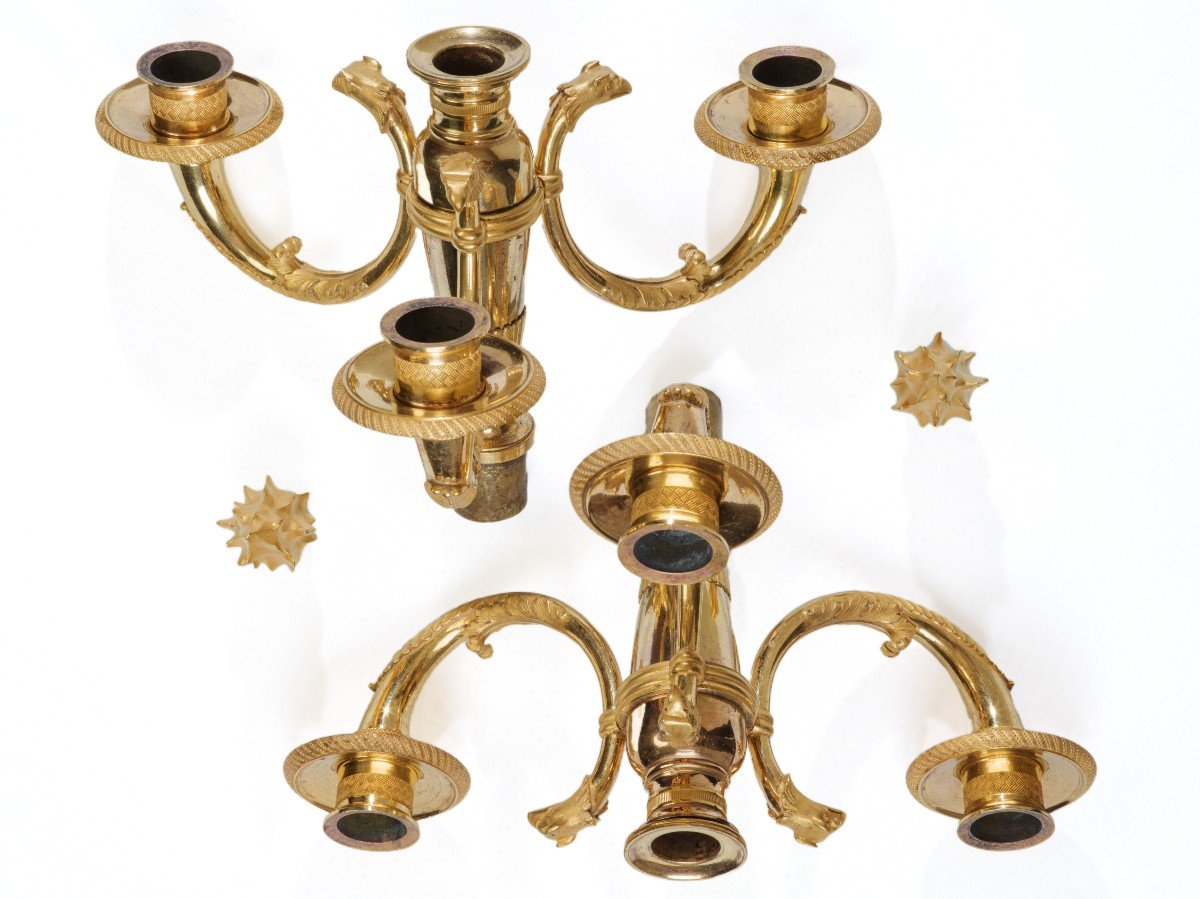 Pair Of Candelabra In Patinated And Gilded Bronze, Empire Period-photo-2