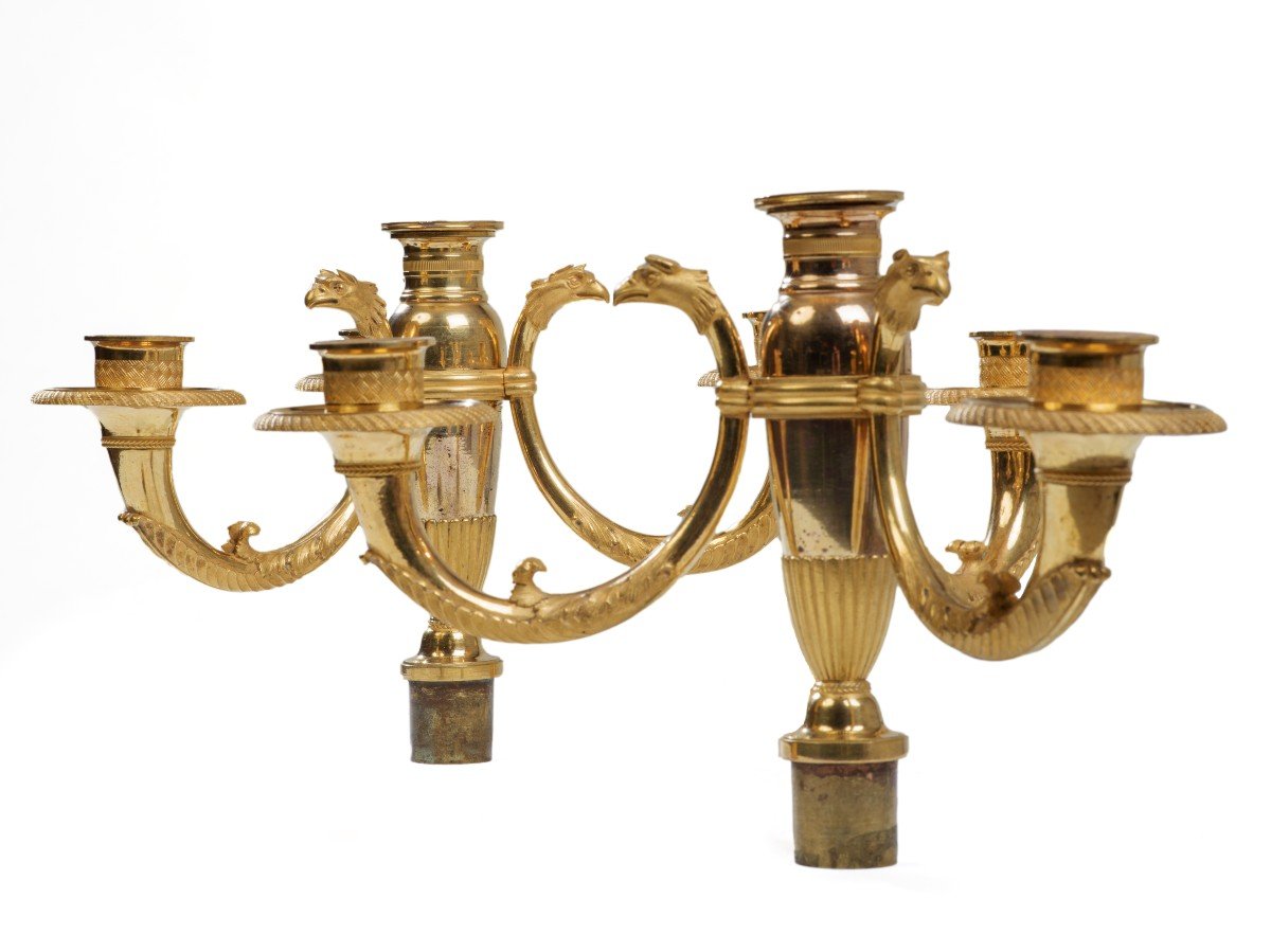 Pair Of Candelabra In Patinated And Gilded Bronze, Empire Period-photo-3