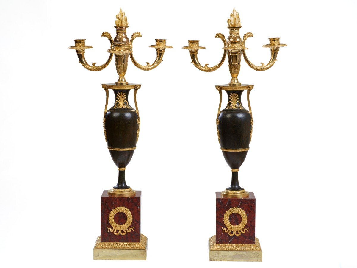 Pair Of Candelabra In Patinated And Gilded Bronze, Empire Period