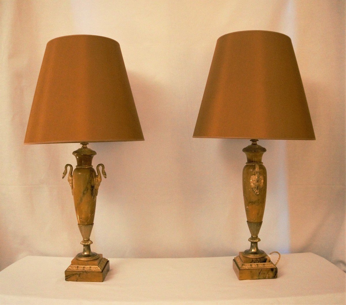 Pair Of Empire Period Lamps In Marble And Gilt Bronze-photo-2