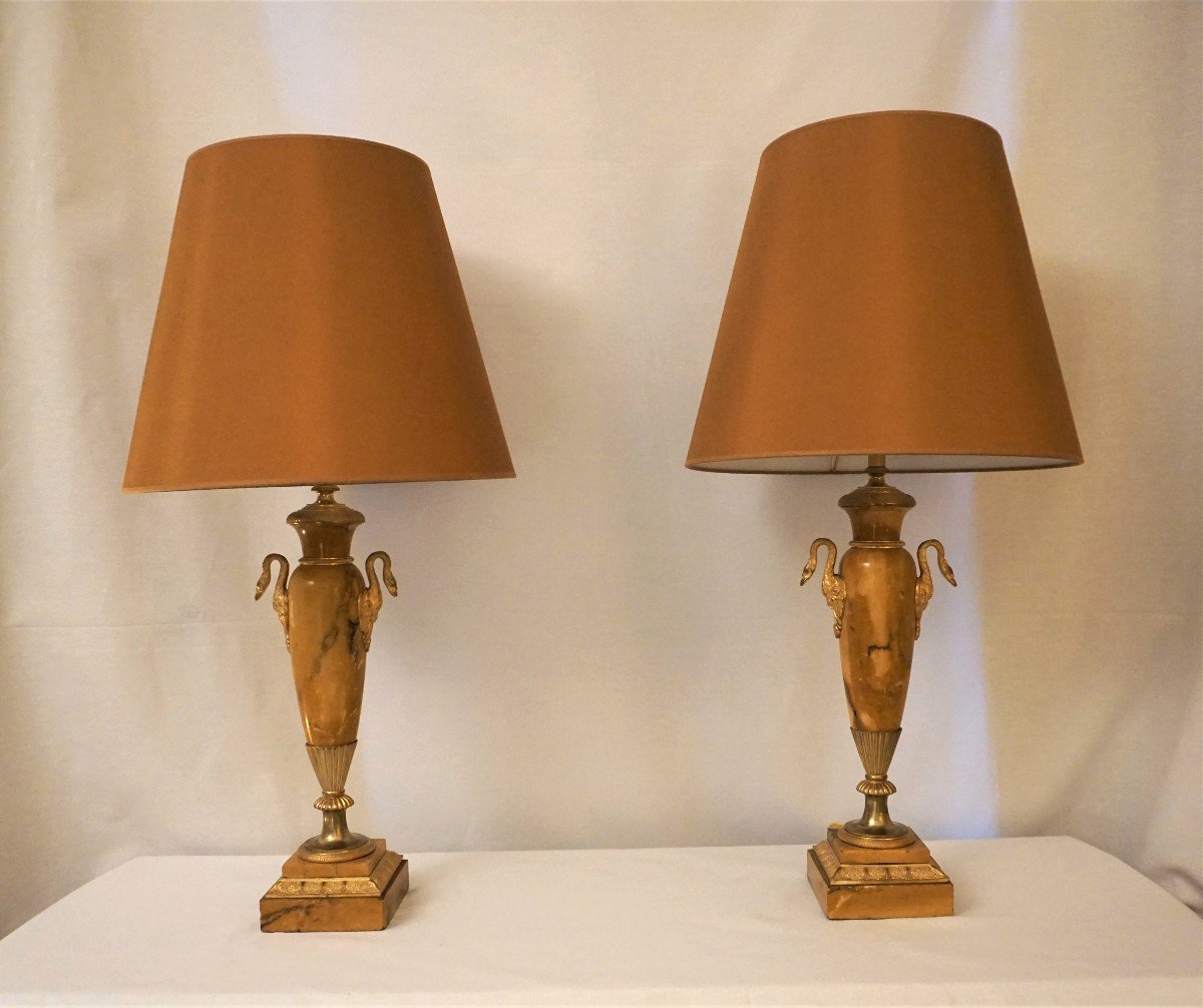 Pair Of Empire Period Lamps In Marble And Gilt Bronze