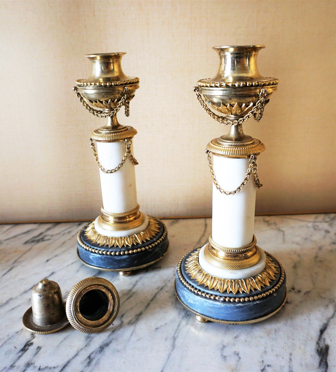 Pair Of Candlesticks In Marble And Gilt Bronze Louis XVI Period-photo-3