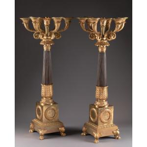 Pair Of Candelabra In Patinated And Gilded Bronze Empire Period